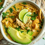 A bowl of white chicken chili topped with avocado, lime wedges, cilantro, and tortilla strips